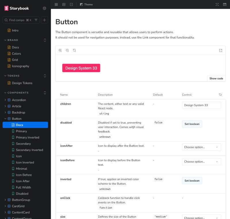 Design System 33 - Storybook Button component